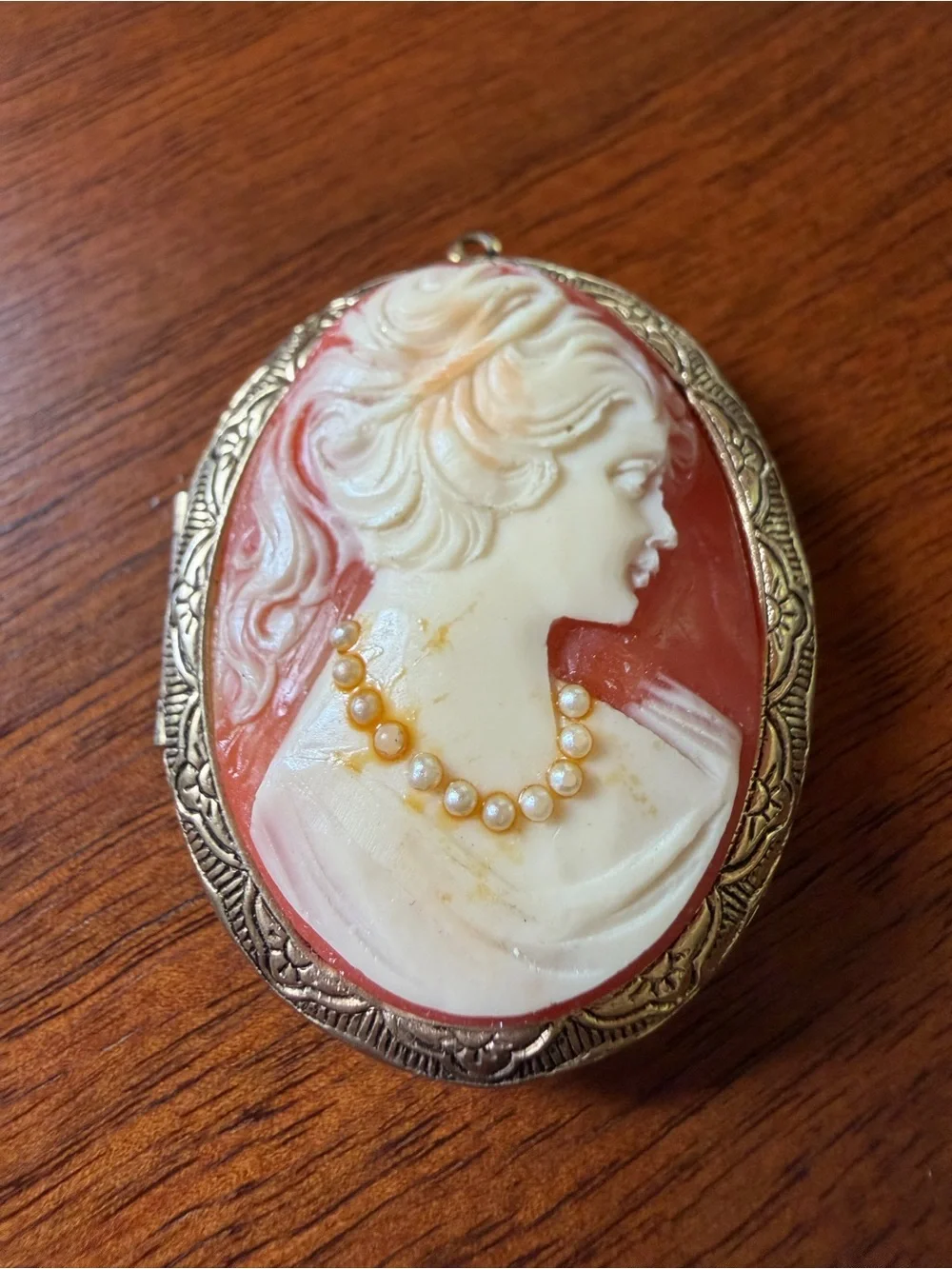 Vintage Locket Coral and Ivory Cameo Pendant Necklace